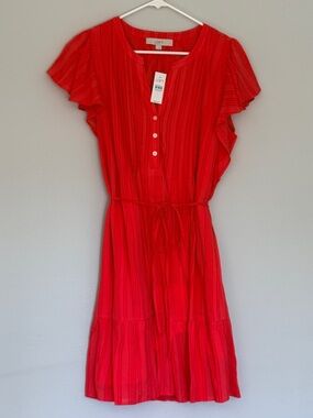 LOFT Bright Red Flutter-Sleeve Midi Dress with Tie Waist